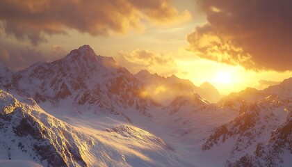 Majestic landscape of snow-covered mountains at sunset, illuminated by warm golden light.