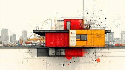 Fototapeta premium Stylized Shipping Container with Crane in Bright Colors