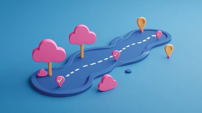 A 3D rendering of a blue path with a dashed white line going through it, with pink clouds on the sides. There are small yellow and pink map markers with check marks on them along the path