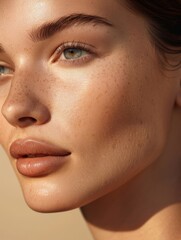 A woman with glowing skin and prominent freckles gazes softly into the distance, her features enhanced by warm sunlight. The setting highlights her natural charm