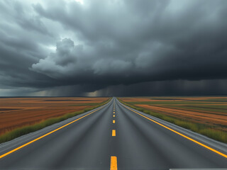 Naklejka premium An empty road stretches ahead, framed by dark storm clouds looming ominously in the background.