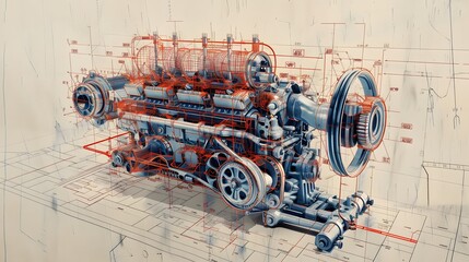 A mechanical engine is shown in a grey background with a lot of other mechanical parts. The engine is the main focus of the image, and it is a complex piece of machinery