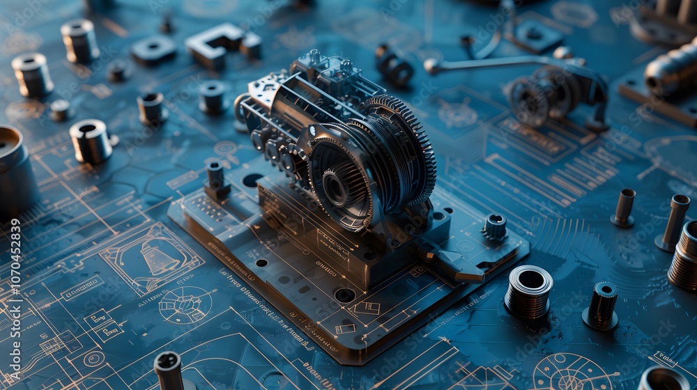 Poster a mechanical device with many gears and bolts. the image is a close up of the gears and bolts, with 