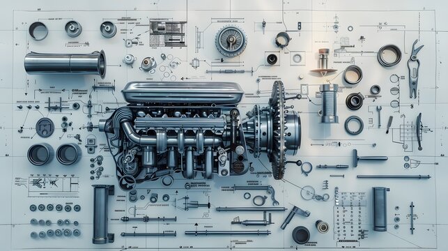 A close up of a car engine with many parts. The engine is made up of many pieces, including a piston, a crankshaft, and a camshaft. Concept of complexity and intricacy