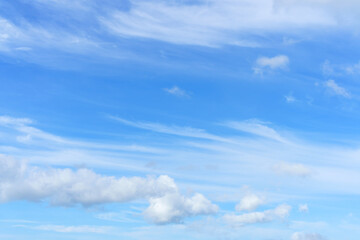 Fototapeta premium Beautiful blue sky with variable shape of clouds in summer day. Natural background texture in decorative art work.
