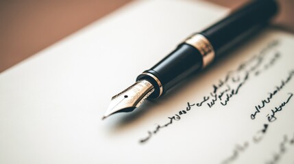 Fototapeta premium A black fountain pen lays on a piece of paper with elegant cursive handwriting, showcasing its luxurious design and potential for creative expression.
