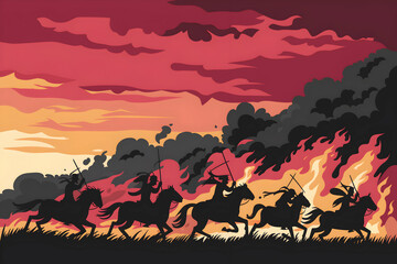 Fototapeta premium Fiery sky with silhouetted riders charging on horseback
