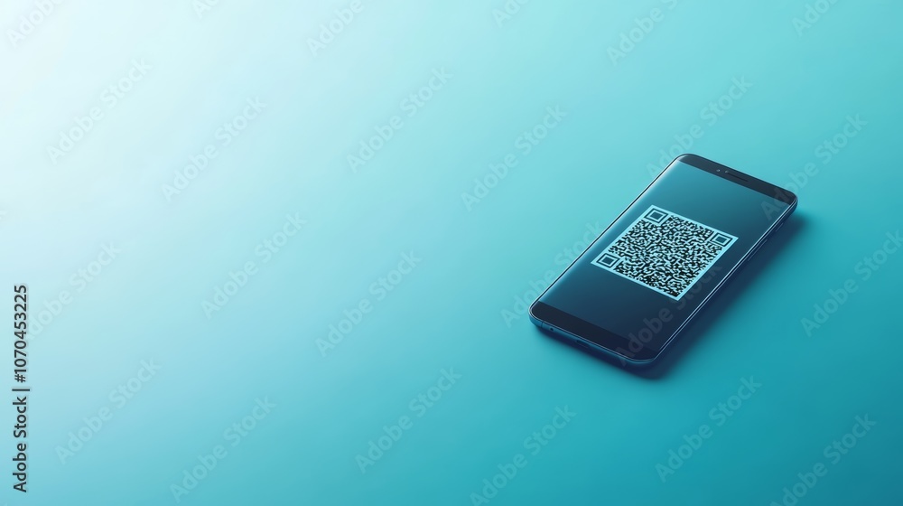 Poster a black smartphone displaying a qr code on its screen, resting on a blue background with copy space.
