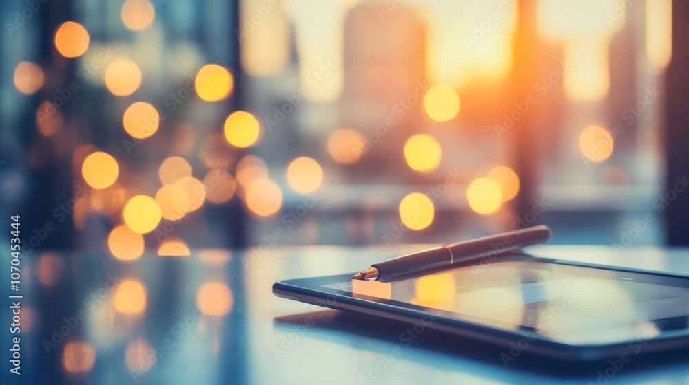 Poster a black tablet computer and a pen on a table in front of a window with a city skyline and bokeh ligh