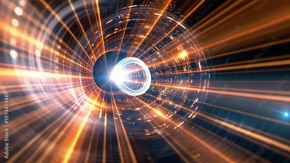 Poster an illustration of a particles path through space and time tracing a loop to show the possibility of
