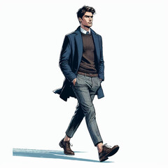 Naklejka premium Stylish Trendy Business Fashion Man Model Smiling and Walking on White Background Drawing Avatar