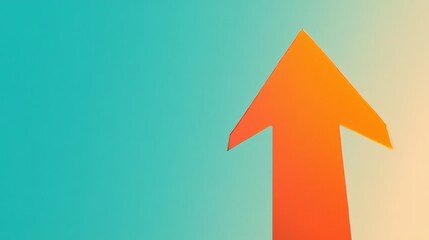 Fototapeta premium A bright orange arrow pointing upwards against a gradient background of blue and yellow.