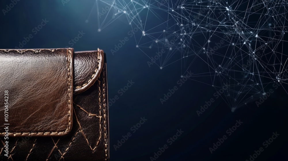 Poster a brown leather wallet with a stitched design sits against a blue background with a digital network 