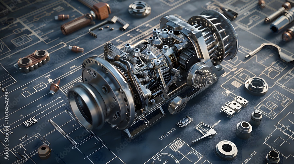 Poster a mechanical device is shown on a blue background with a lot of gears and other mechanical parts. co