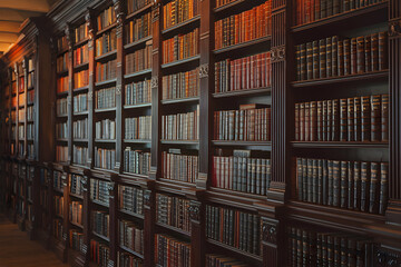 Wooden bookshelf of colorful vintage books in warm, cozy lighting