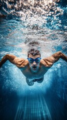 Professional swimmer performing butterfly stroke underwater in swimming pool