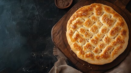 Freshly baked Emirati bread with a golden, crispy crust. Copy space