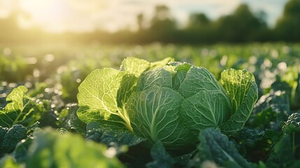 A close-up shot of a cabbage growing in the field