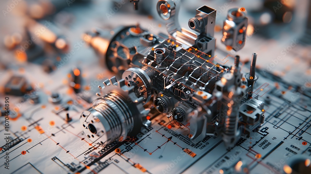 Poster a mechanical device is shown on a blue background with a lot of gears and other mechanical parts. co