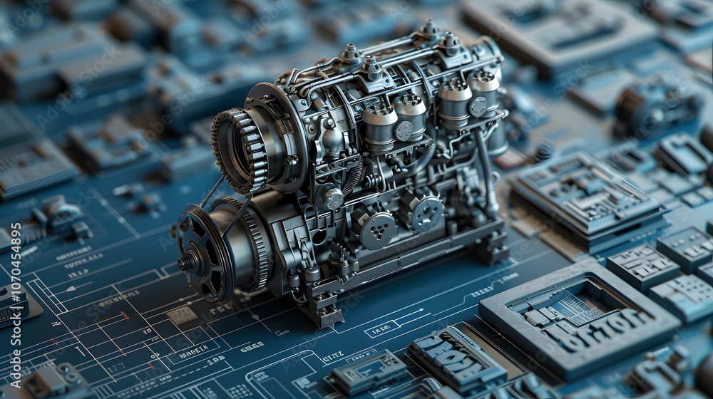 Poster a mechanical device is shown on a blue background. the device is made of metal and has a lot of gear