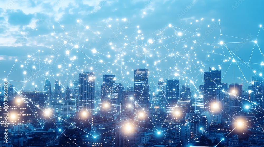 Poster a cityscape with a network of glowing lines connecting buildings, symbolizing connectivity and commu