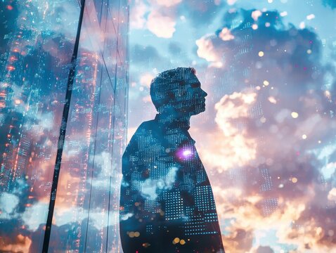 Silhouette Against Cloudy Data Background