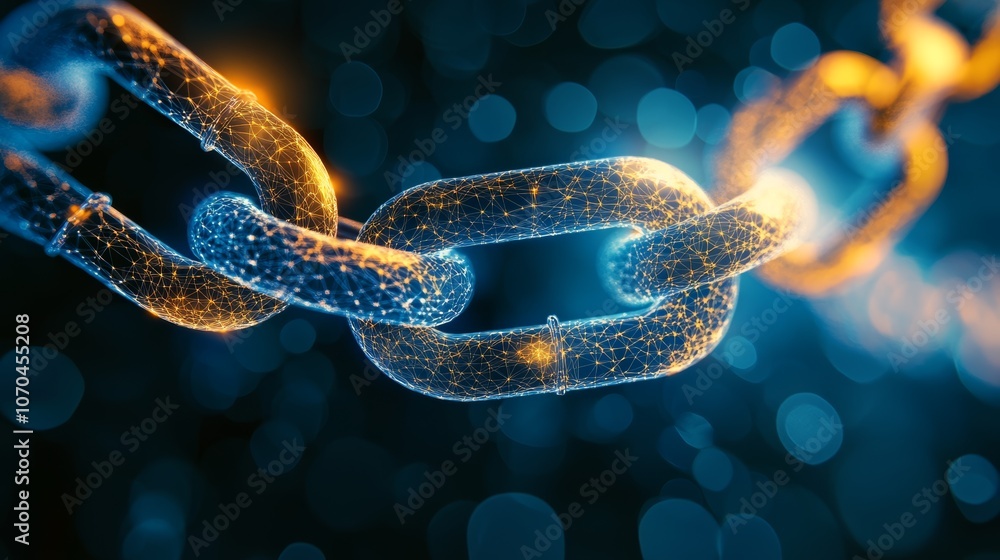 Poster a close-up of a chain made of glowing particles, representing connectivity and strength.
