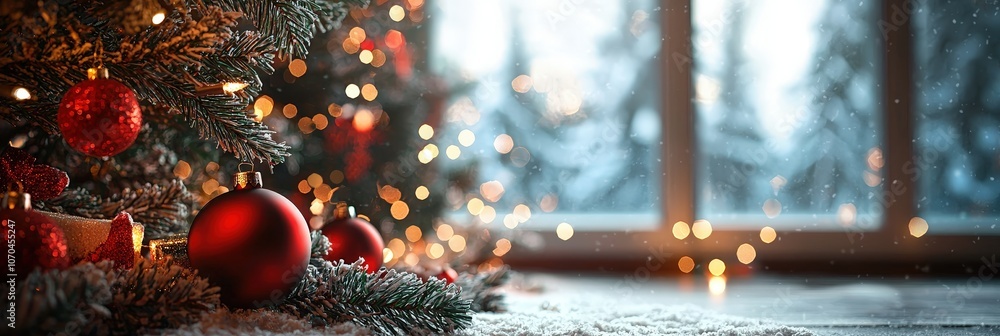 Poster the festive christmas tree sparkles with red ornaments and soft lights, while snow gently falls outs