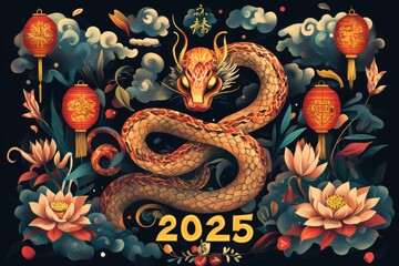 Obraz premium Happy Chinese New Year 2025. Snake zodiac with lanterns, cloud on dark background