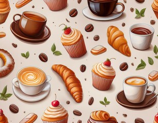 Illustrated seamless pattern with dessert items like coffee, cakes, and croissants, ideal for cafe decor, branding, and wrapping