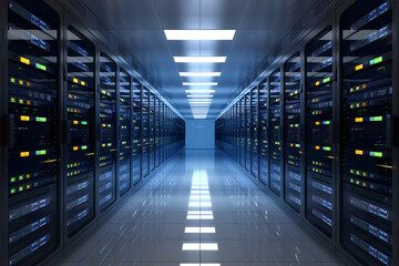 Illuminated server racks in a dim, high tech data center corridor