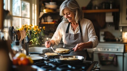 Warm Kitchen Moment: A woman cooking breakfast in a bright,.