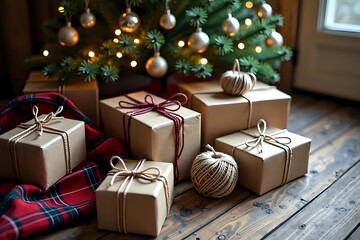 Christmas gifts wrapped in kraft paper and twine, with plaid fabric accents under a decorated tree in a rustic cabin, creating a warm and vintage holiday atmosphere, with copy space to the right