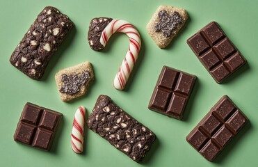 Multiple candy cane shaped cookies and chocolate bars on green background