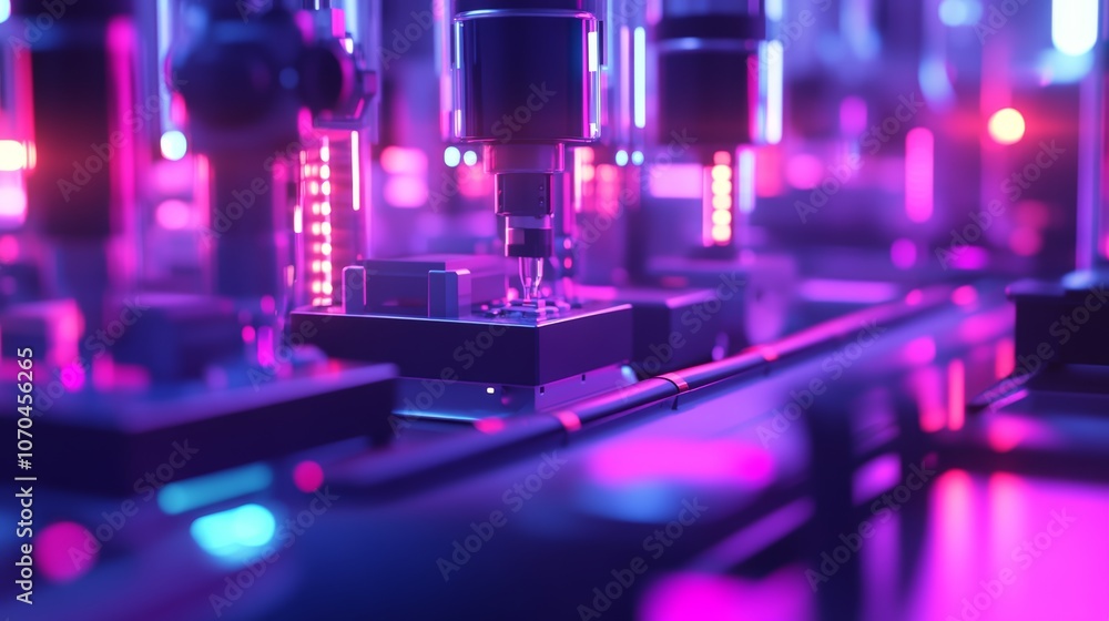 Poster a close-up shot of a futuristic robotic arm working on a high-tech assembly line in a brightly lit f