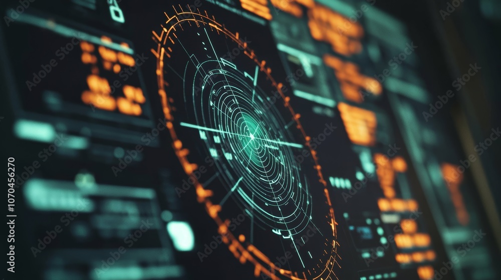 Poster a close-up shot of a glowing, futuristic radar screen with data and graphs, featuring a central circ