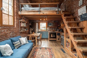A charming urban loft features exposed brick walls, wooden beams, and a cozy lofted bedroom. The inviting living space includes a blue couch and a rustic dining table, perfect for socializing