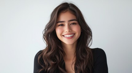 Obraz premium A young woman with a radiant smile showcasing her healthy hairstyle in a beauty salon against a bright white backdrop, 