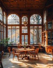 Naklejka premium A cozy, sunlit caf? with wooden decor and plants, inviting relaxation and conversation.