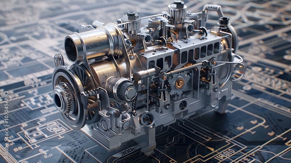 Poster a mechanical device is shown on a blue background with a lot of gears and other mechanical parts. co
