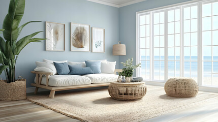 Serene Minimalist Coastal Living Room with Soft Blue and White Tones, Light Wood Sofa, Woven Rug, and Ocean Views Through Large Windows