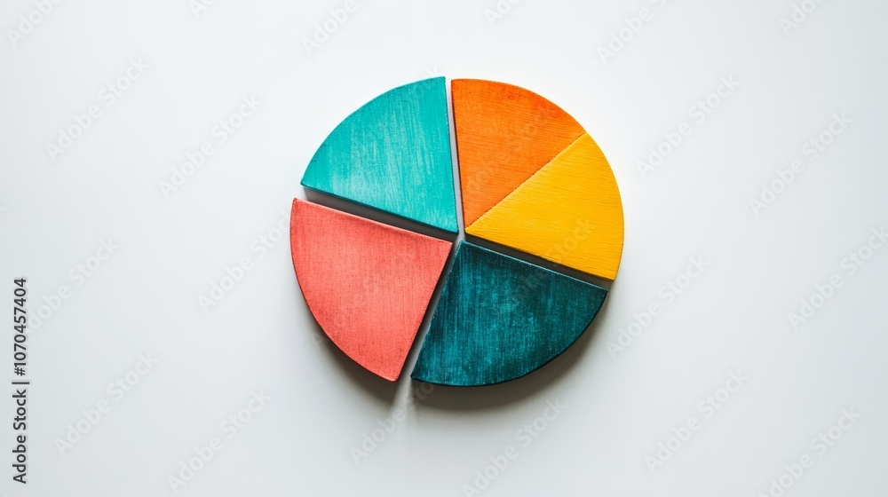 Poster a colorful pie chart made of wood, segmented into five sections.