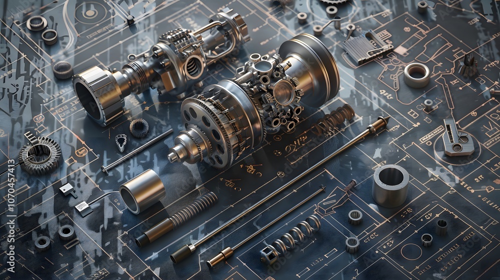 Poster a mechanical device is shown on a blue background with a lot of gears and other mechanical parts. co