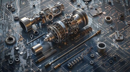 A mechanical device is shown on a blue background with a lot of gears and other mechanical parts. Concept of complexity and precision, as well as the idea of a well-designed and intricate machine