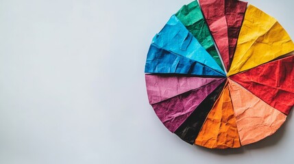 Fototapeta premium A colorful pie chart made of crumpled paper, representing a full circle on a white background.
