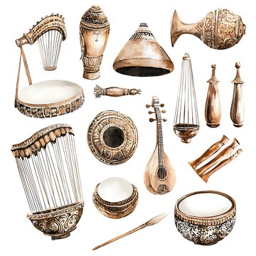 Watercolor illustration of traditional Ethiopian musical instruments and ceremonial objects.