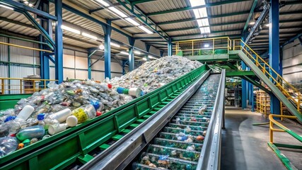A conveyor belt in a recycling plant, transporting plastic bottles towards a sorting machine, with large bales of compacted materials in the background