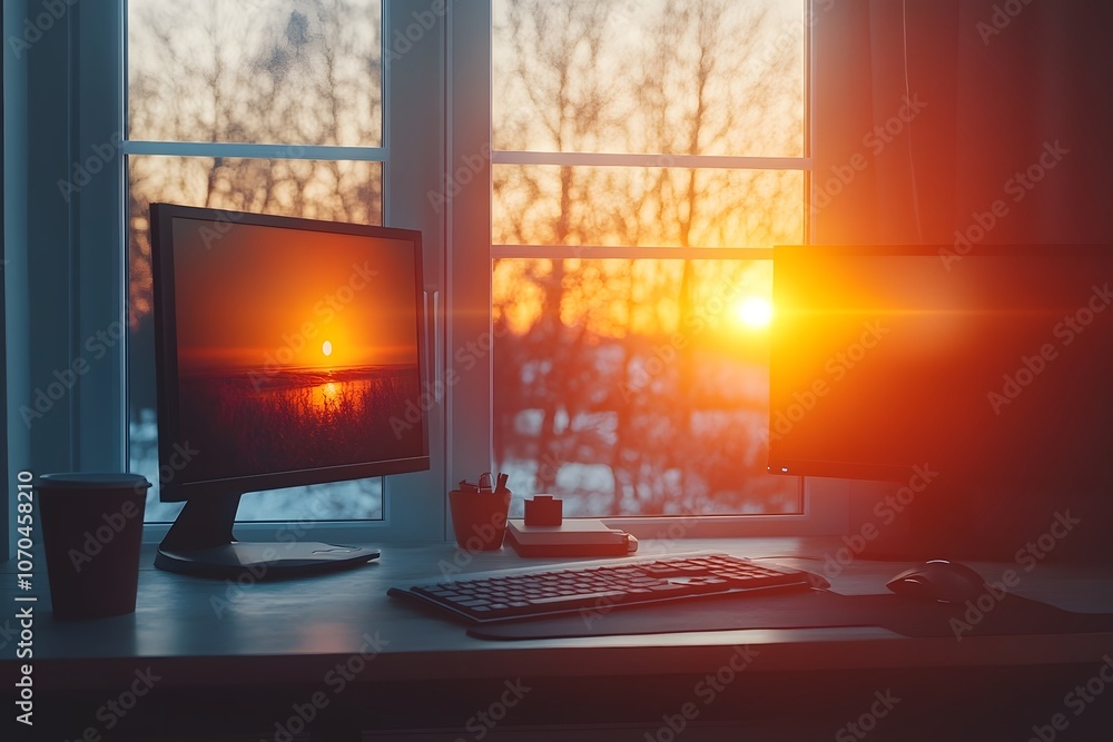 Poster A cozy workspace with two monitors and a sunset view through the window.