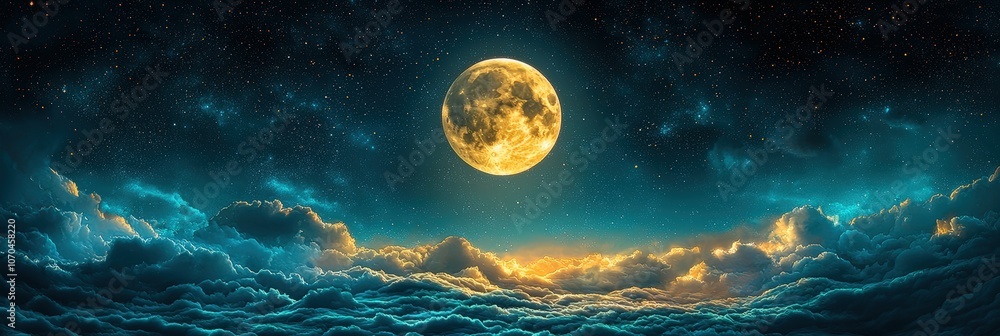 Poster a luminous full moon hangs in the night sky, surrounded by wispy clouds that reflect its light, crea