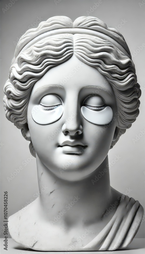 Poster A marble bust of a classical statue features a calm expression, adorned with white eye patches for an artistic and contemporary touch in a minimalist display